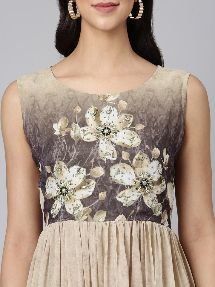 Neerus Beige Casual Floral Maxi Dresses