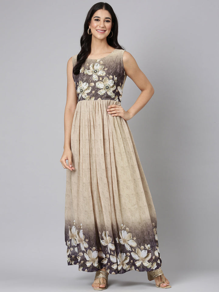 Neerus Beige Casual Floral Maxi Dresses