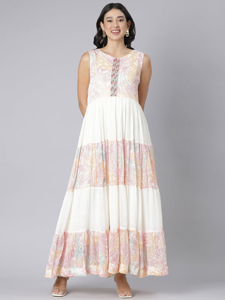 Neerus Cream Casual Paisley Maxi Dresses