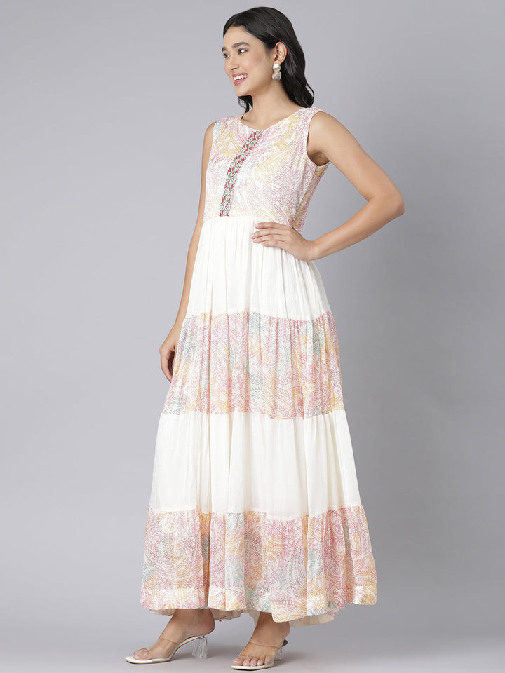 Neerus Cream Casual Paisley Maxi Dresses