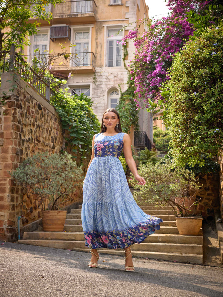 Neerus Blue Casual Maxi Chevron Dresses