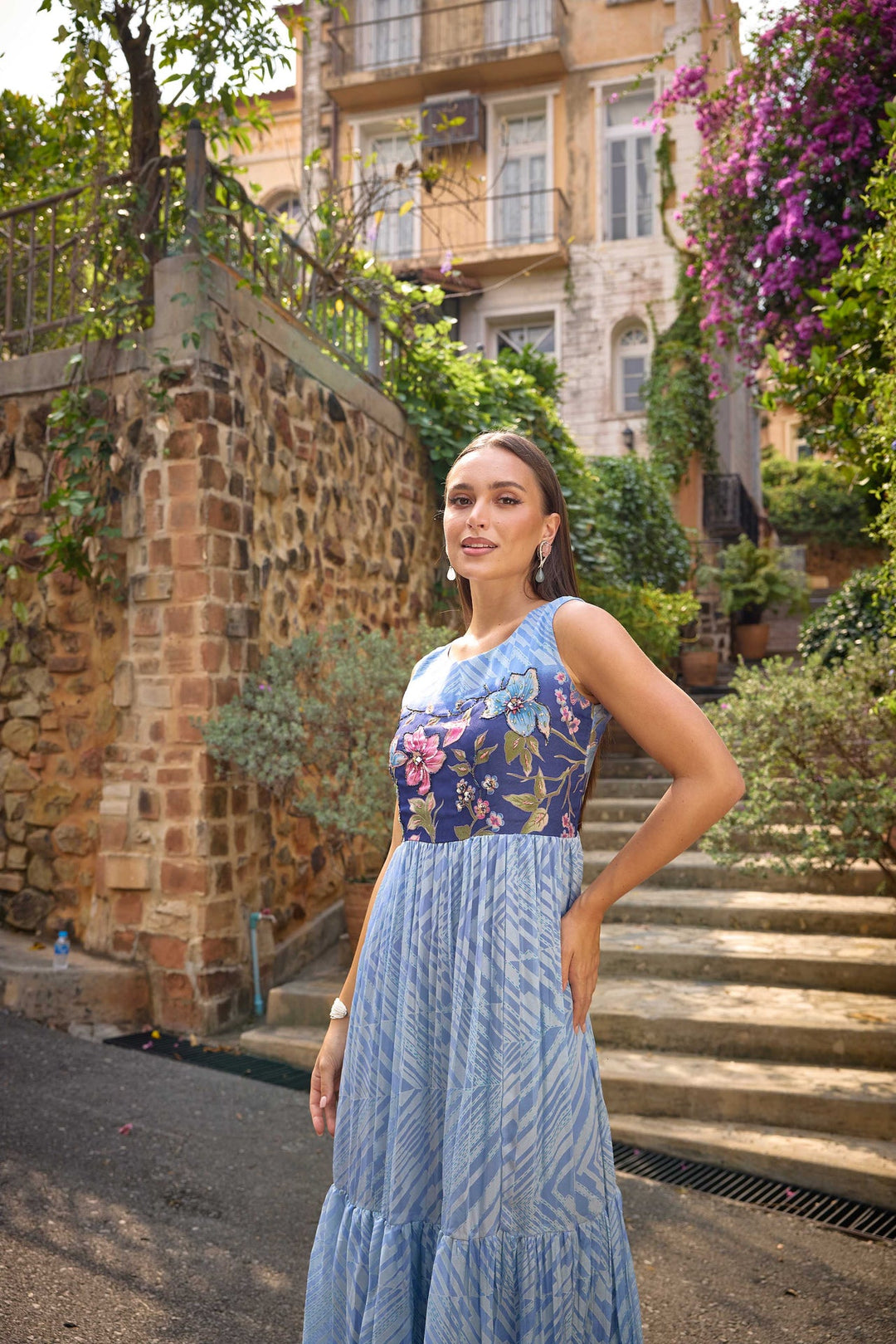 Neerus Blue Georgette Printed Maxi Dress - back view