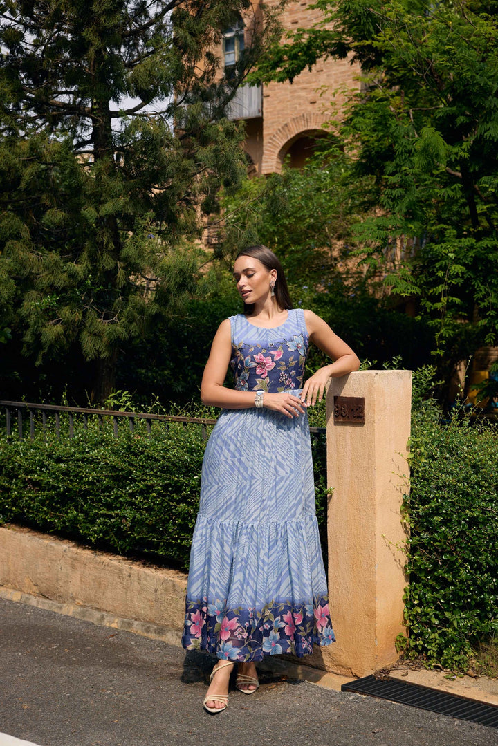 Neerus Blue Casual Maxi Chevron Dresses