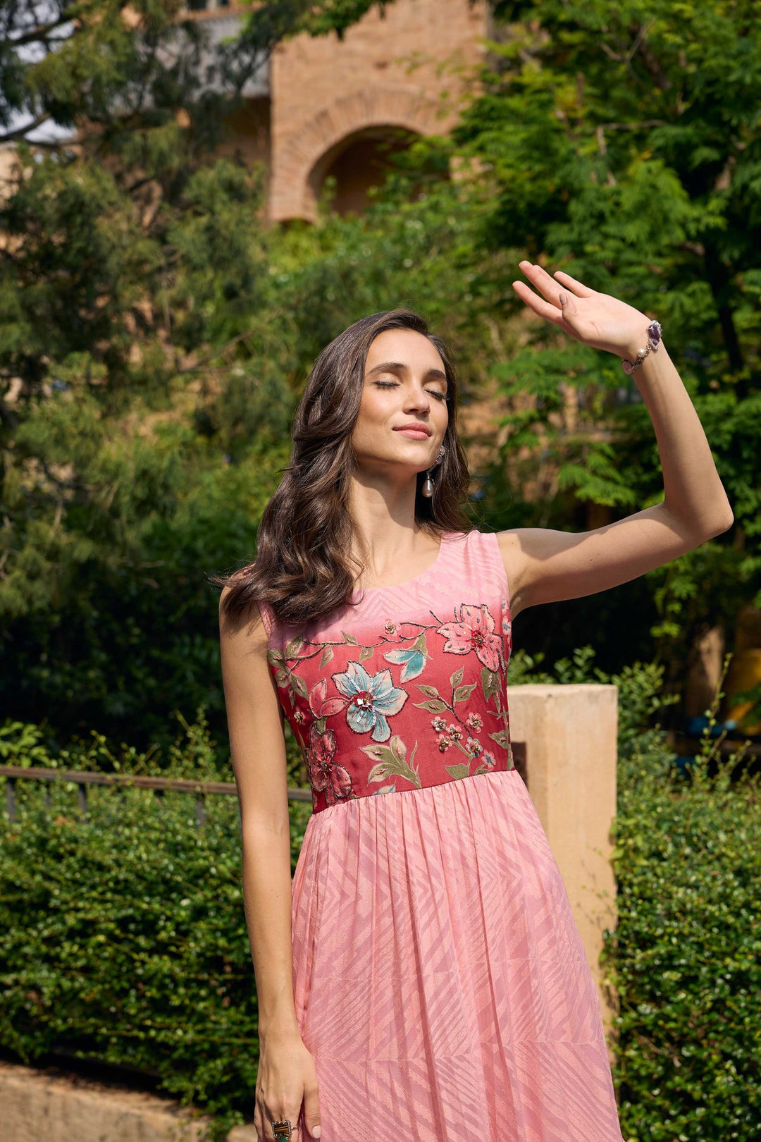 Neerus Pink georgette printed maxi dress - back view