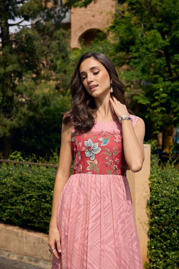 Neerus Pink georgette printed maxi dress - side view