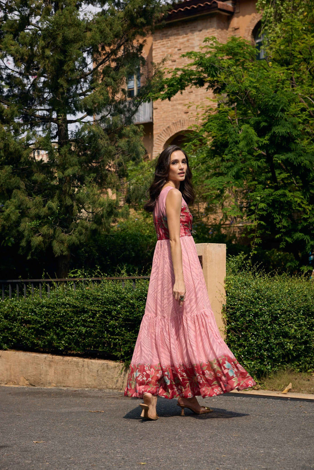 Neerus Pink georgette printed maxi dress - detail view 1