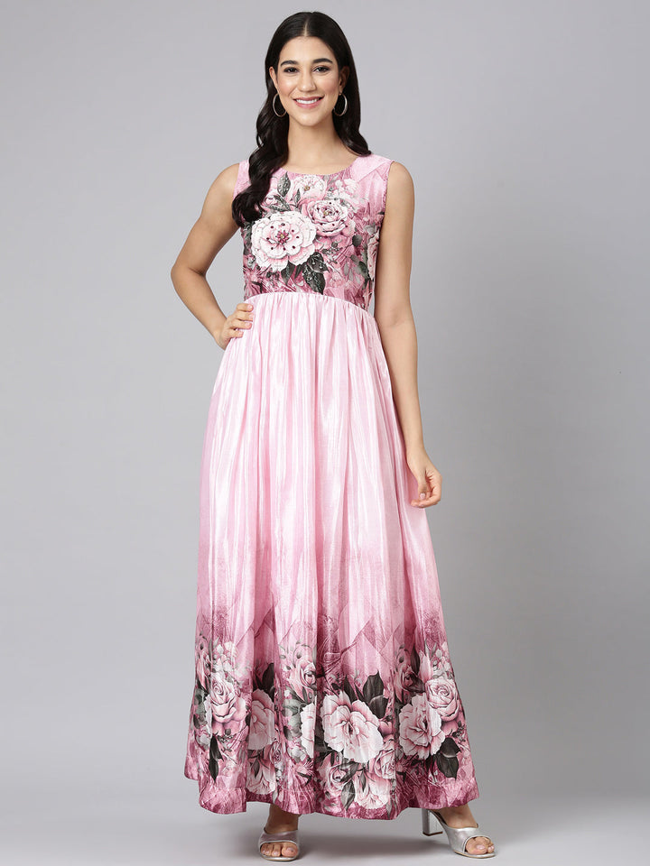 Neerus Baby Pink Casual Floral Maxi Dresses