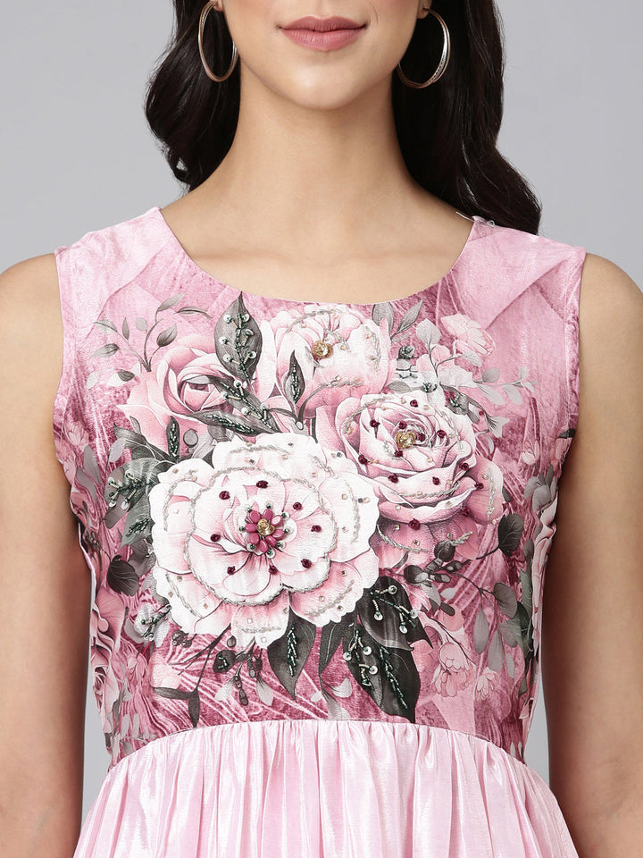 Neerus Baby Pink Casual Floral Maxi Dresses