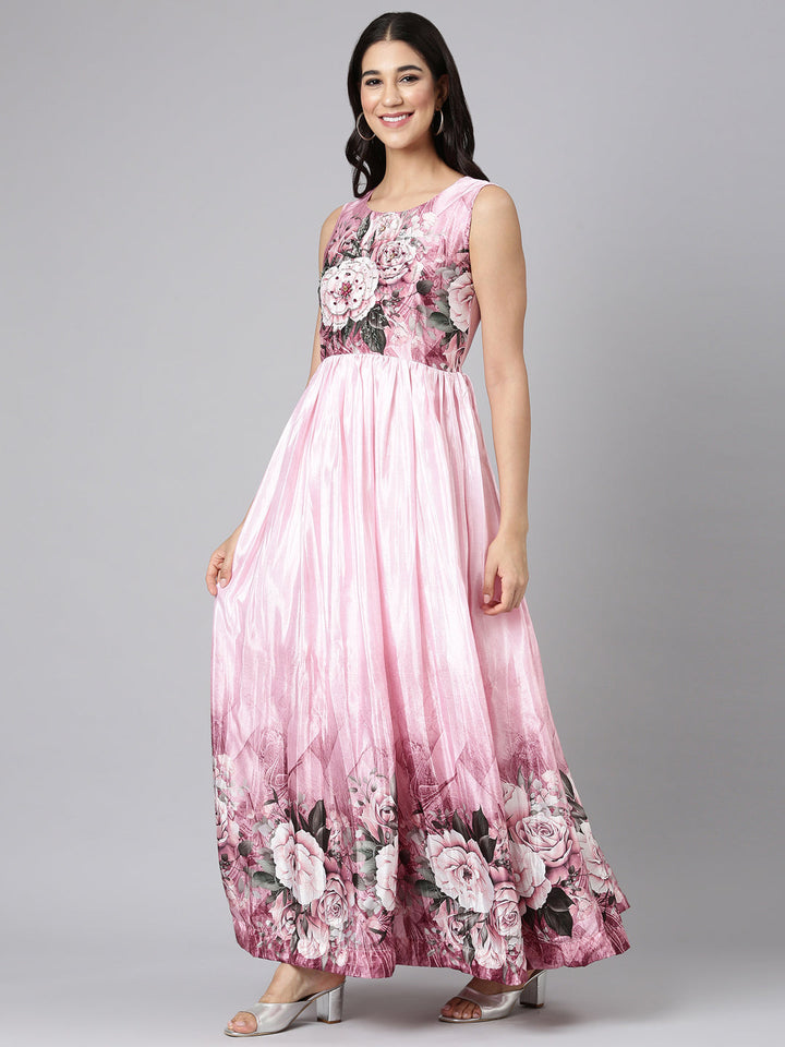 Neerus Baby Pink Casual Floral Maxi Dresses