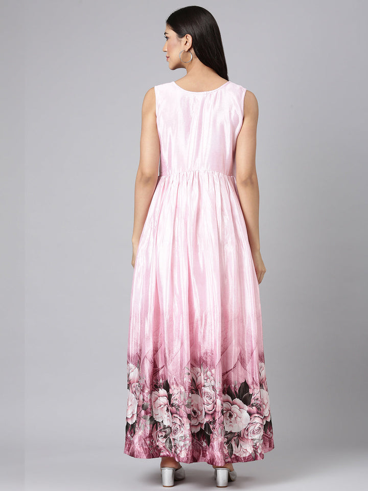 Neerus Baby Pink Casual Floral Maxi Dresses