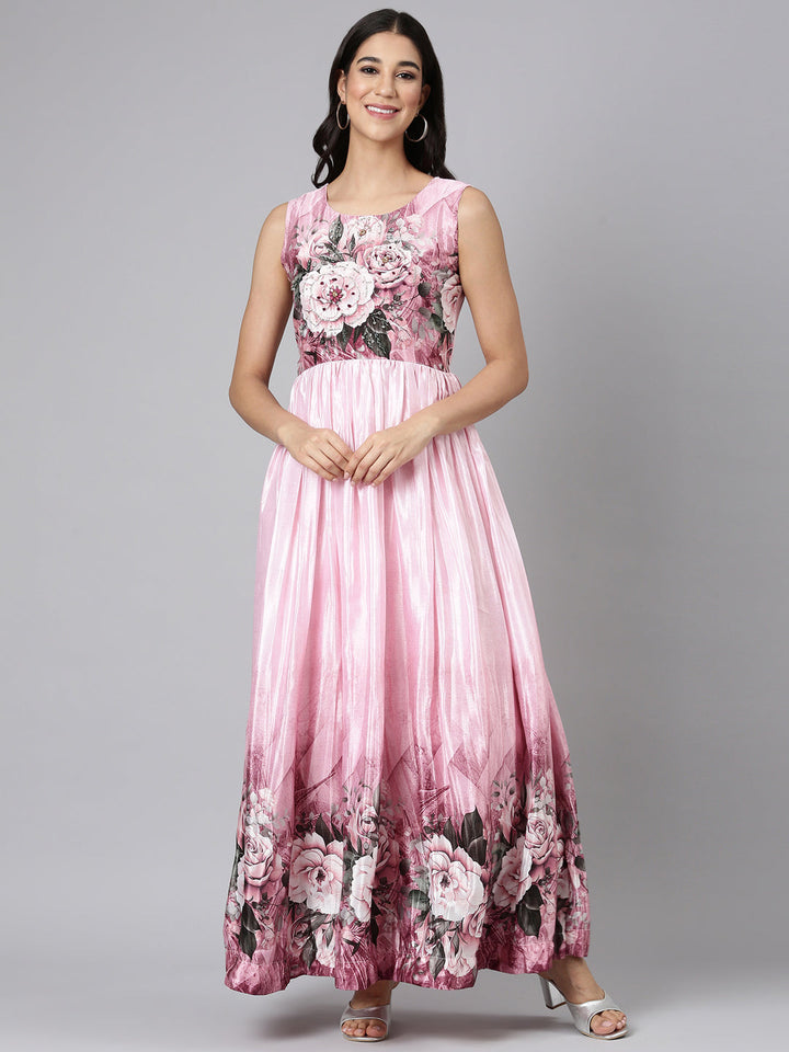 Neerus Baby Pink Casual Floral Maxi Dresses