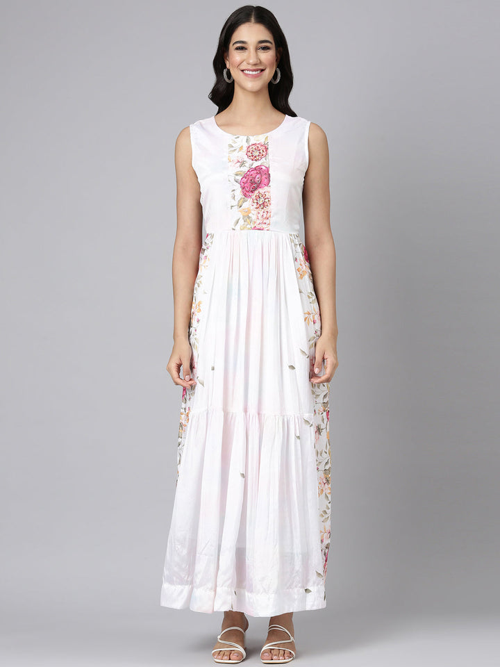 Neerus White Casual Floral Maxi Dresses