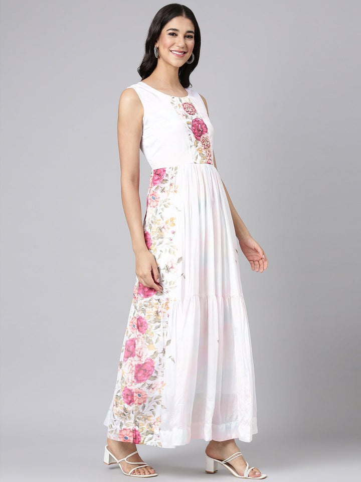 Neerus White Casual Floral Maxi Dresses