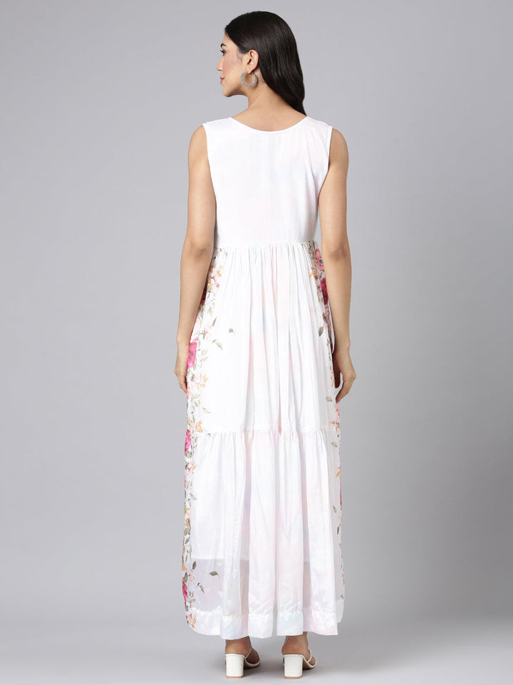 Neerus White Casual Floral Maxi Dresses