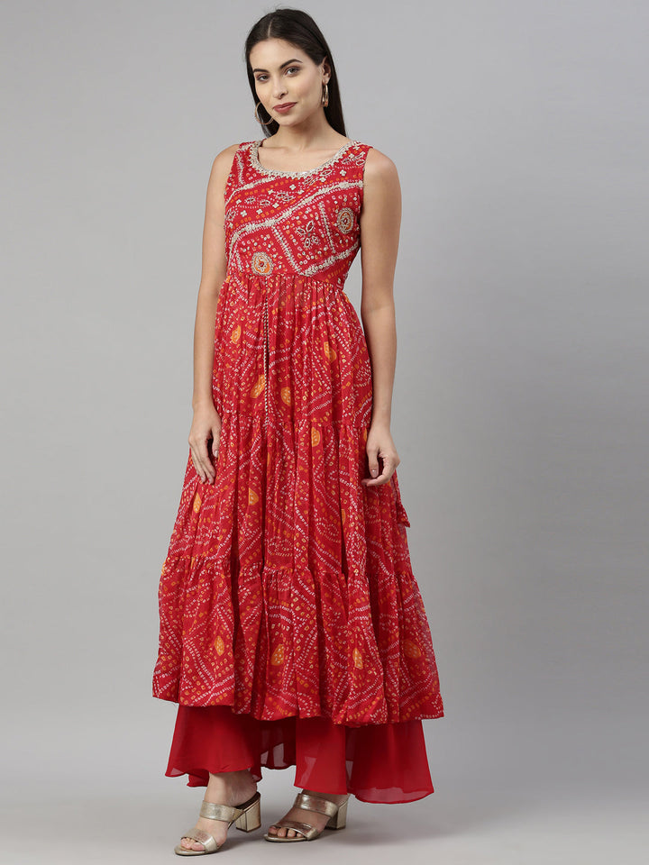 Neerus Red chiffon printed suit set - back view