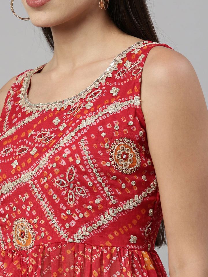 Neerus Red chiffon printed suit set - detail view 3