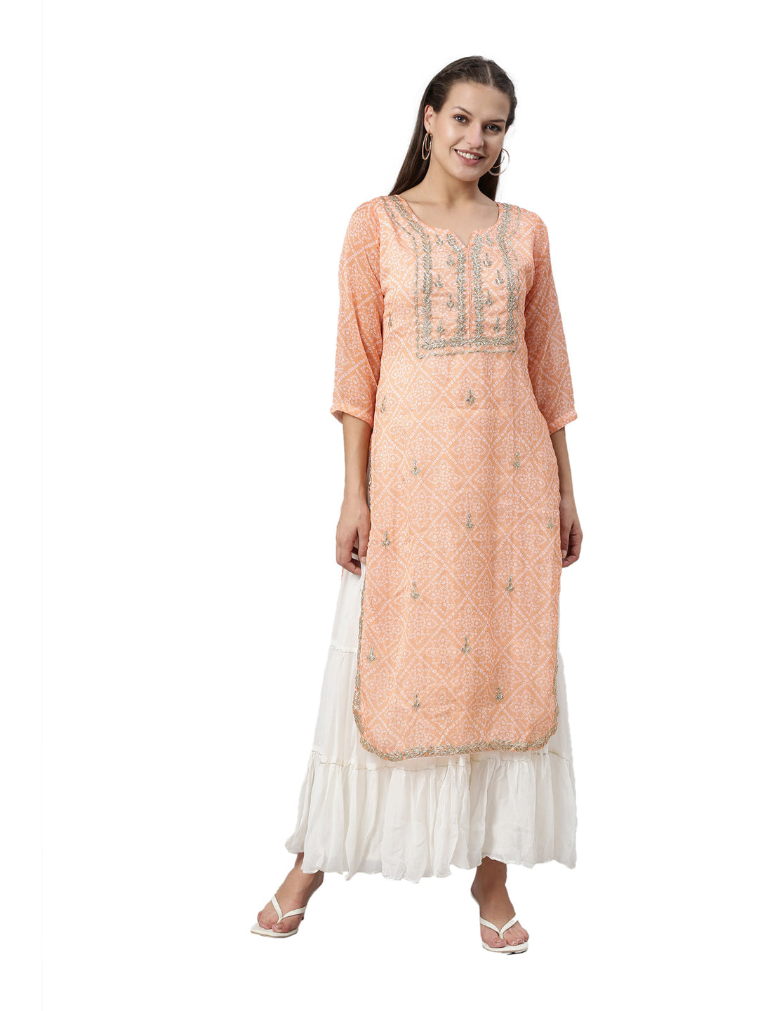 Neerus Pink Chanderi straight kurta - front view