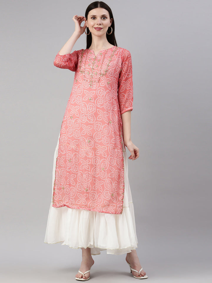 Neerus Orange georgette printed kurti - front view