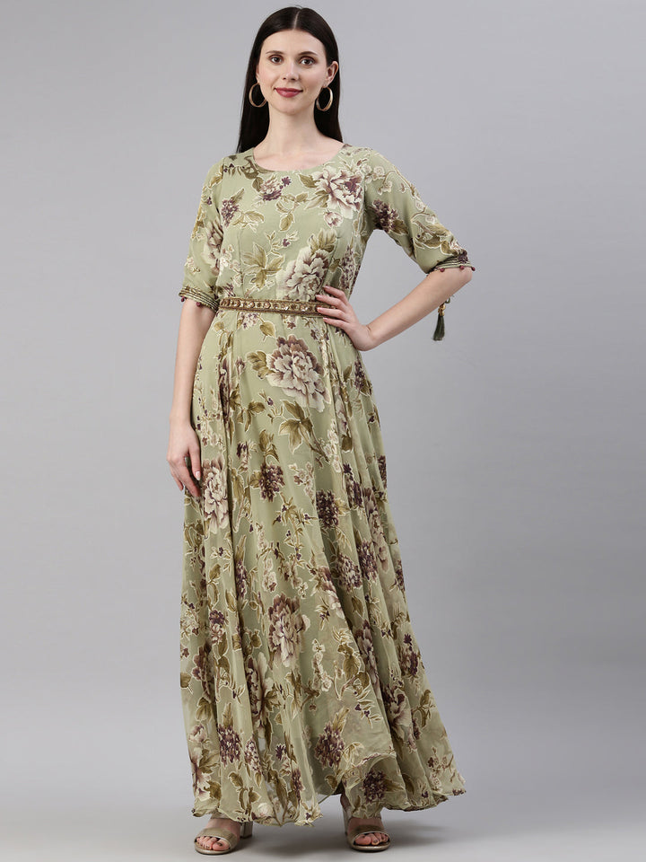 Neerus Green Georgette Maxi Gown - front view