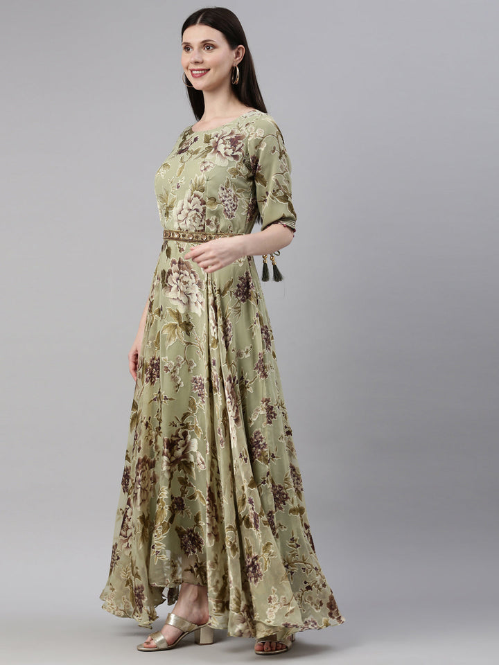 Neerus Green Georgette Maxi Gown - back view