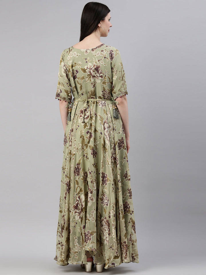 Neerus Green Georgette Maxi Gown - detail view 1