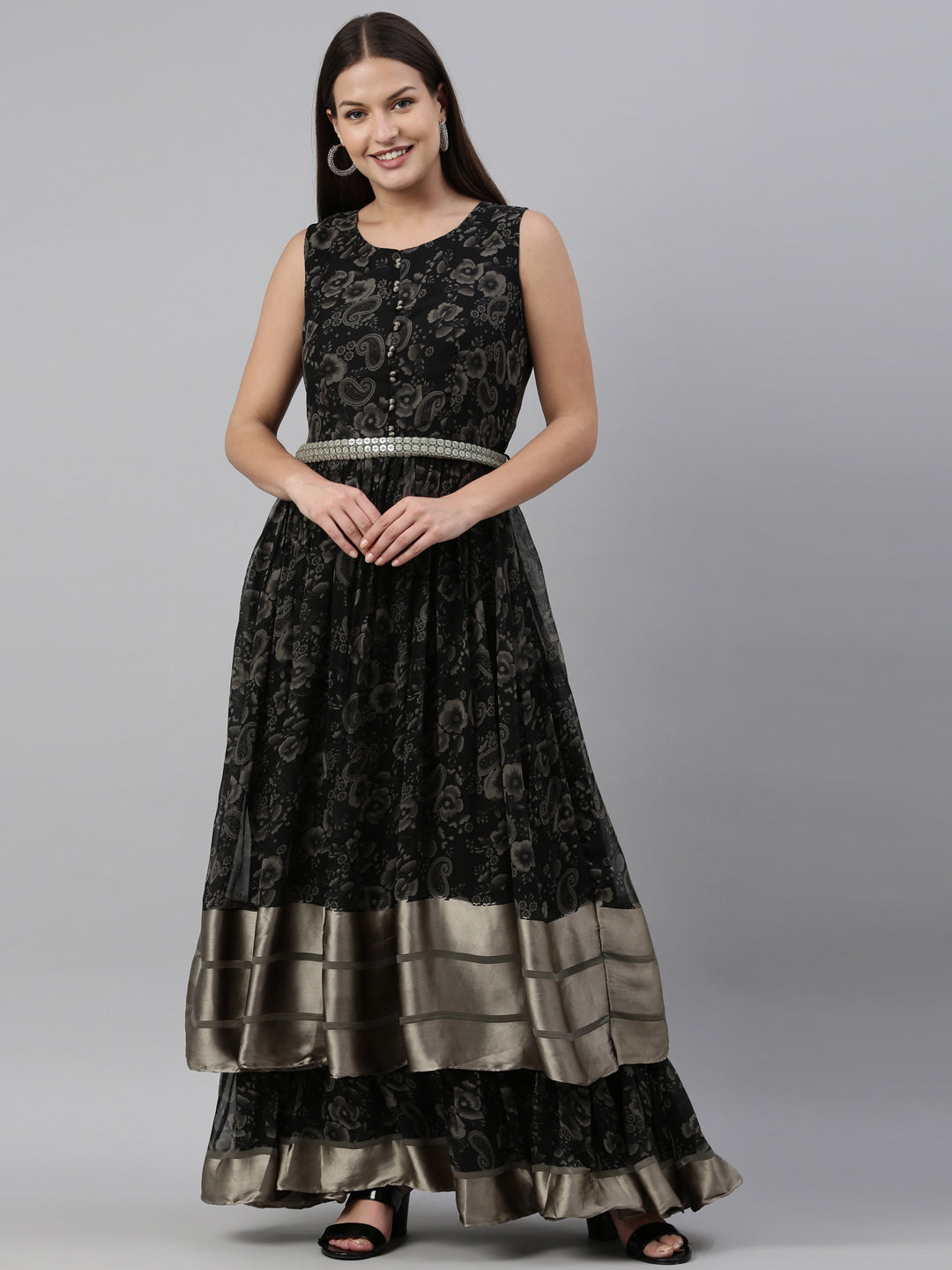 Neerus Black Georgette Gown - front view