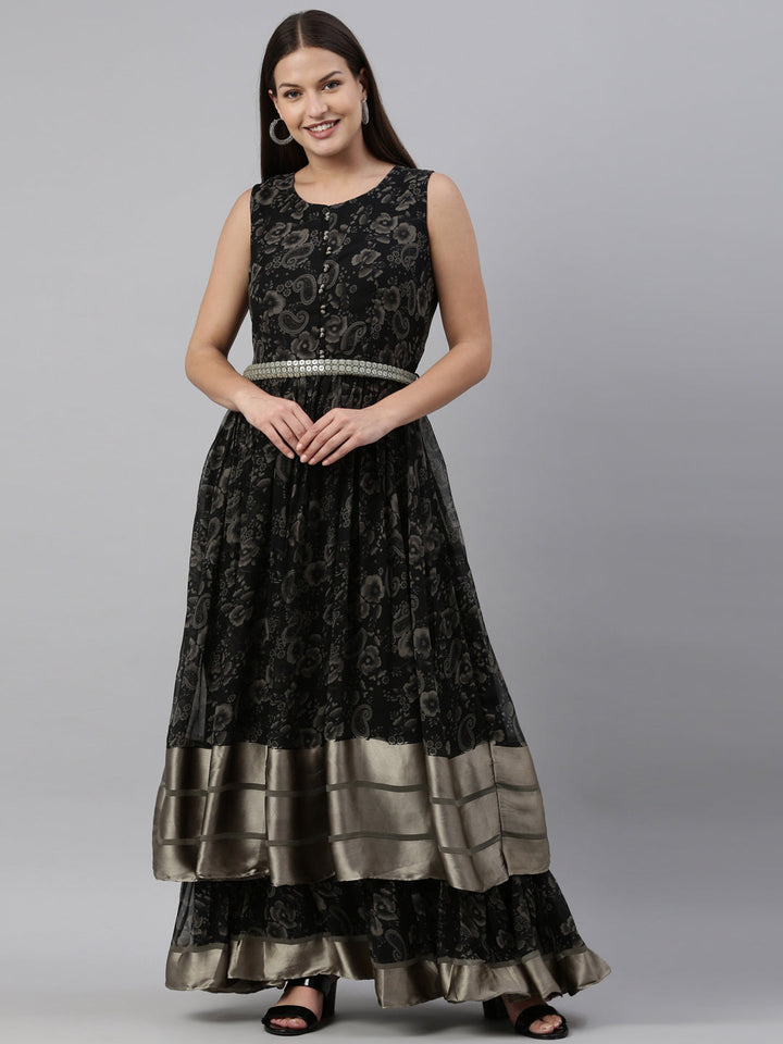 Neerus Black Georgette Gown - front view