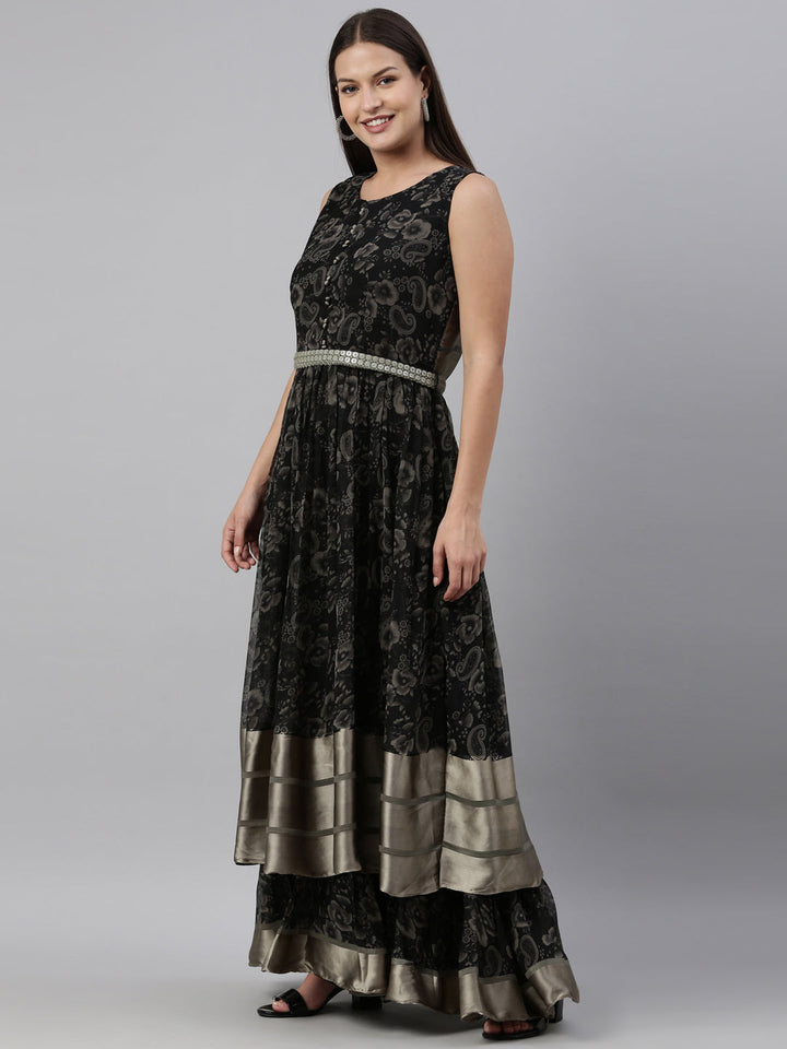 Neerus Black Georgette Gown - side view