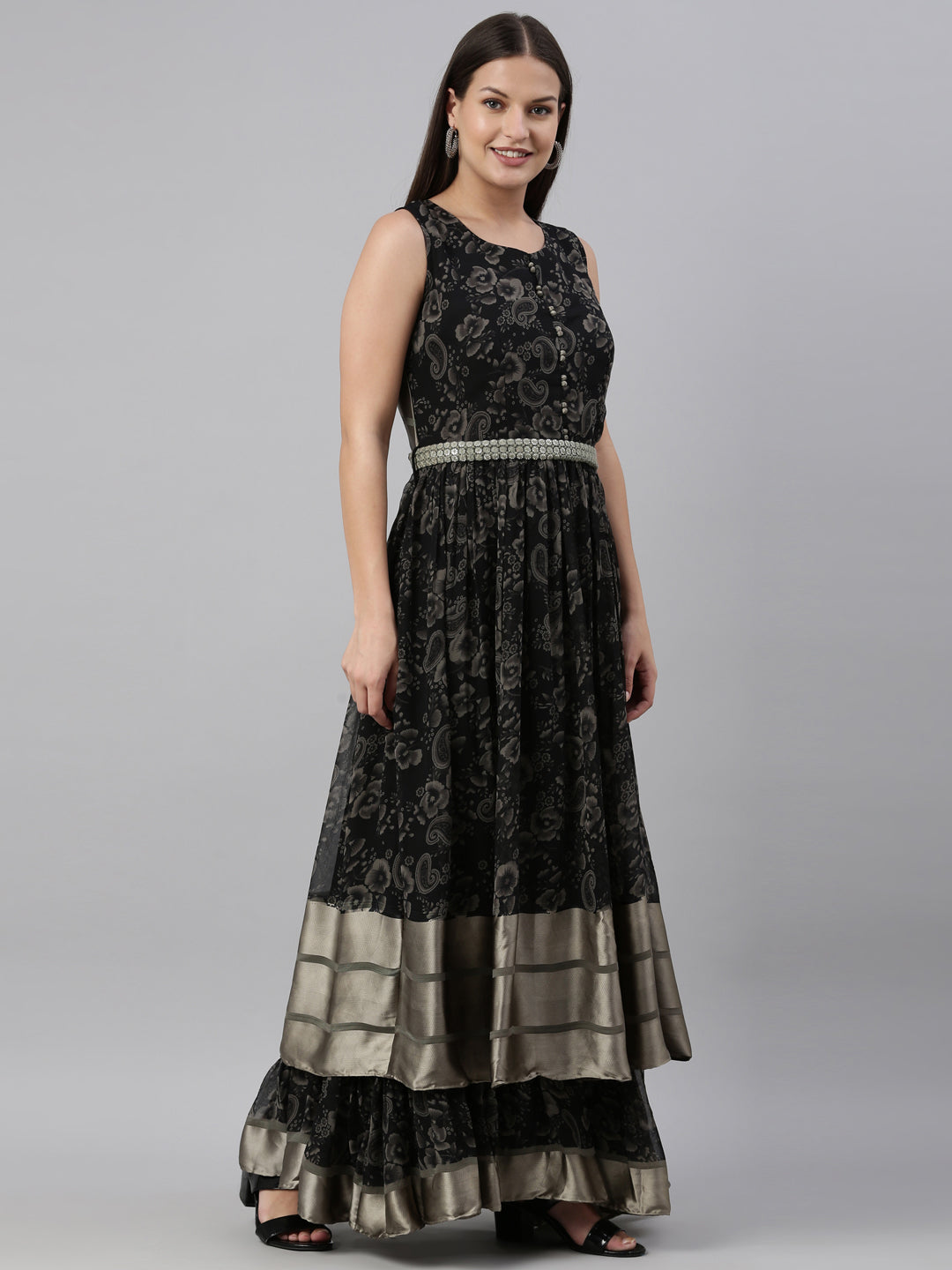Neerus Black Georgette Gown - detail view 1