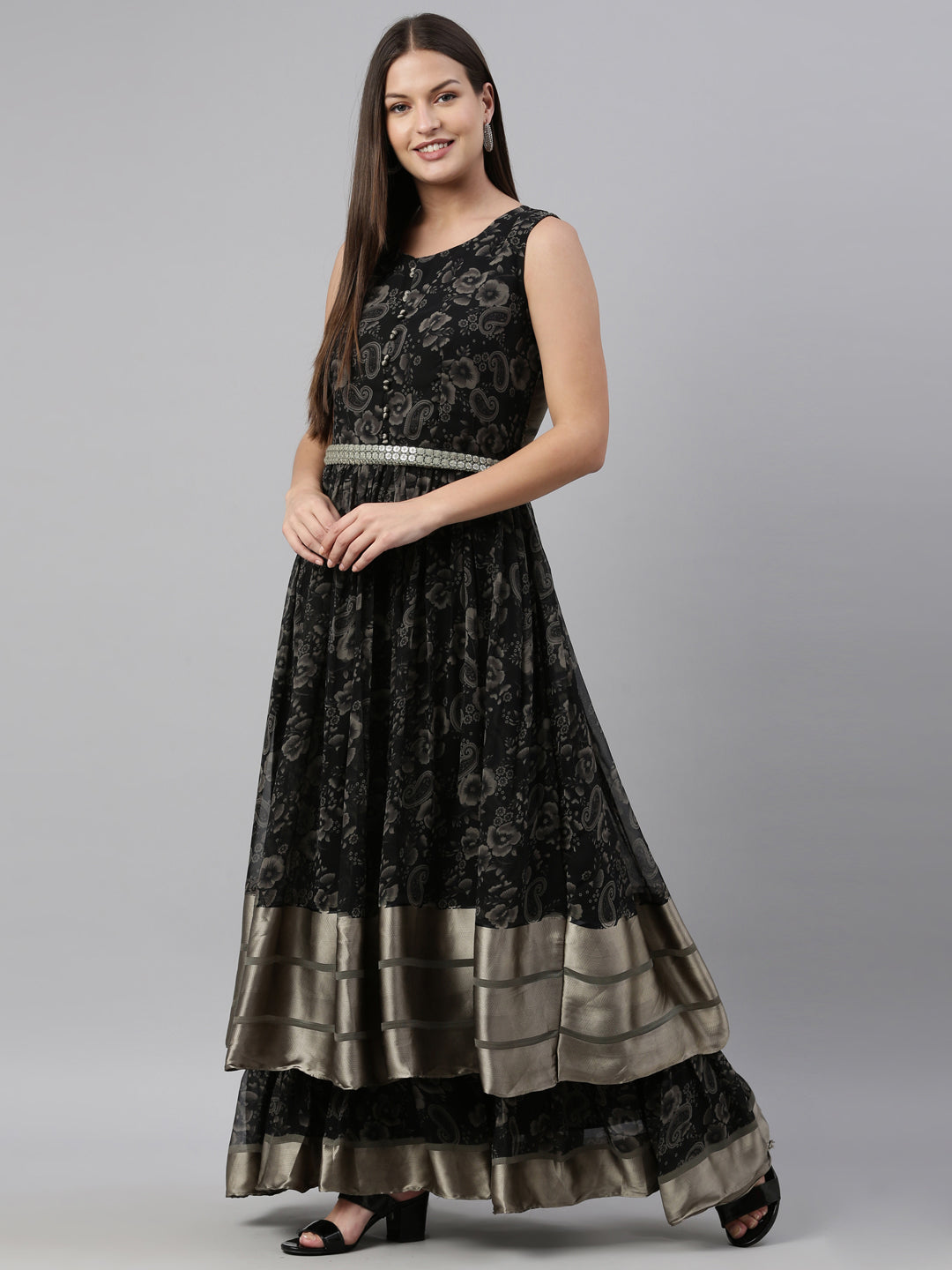 Neerus Black Georgette Gown - detail view 3
