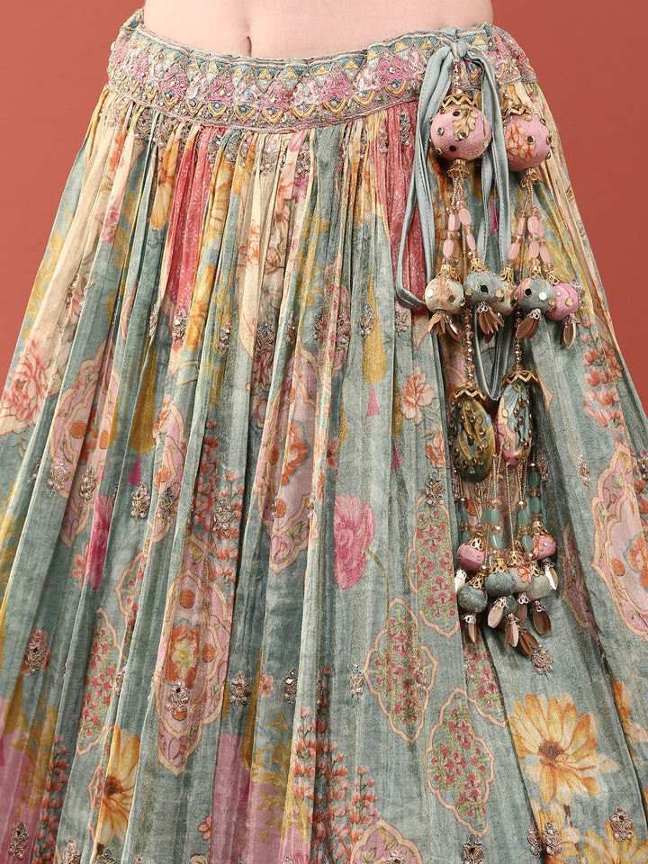 Neerus Blue crepe embroidered lehenga ghagra set - detail view 4