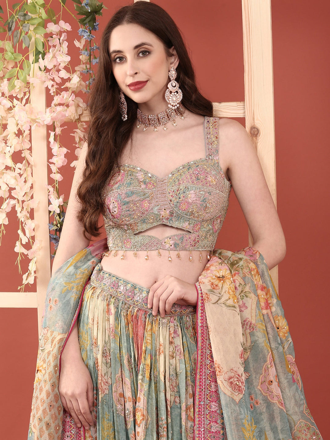 Neerus Blue crepe embroidered lehenga ghagra set - detail view 3