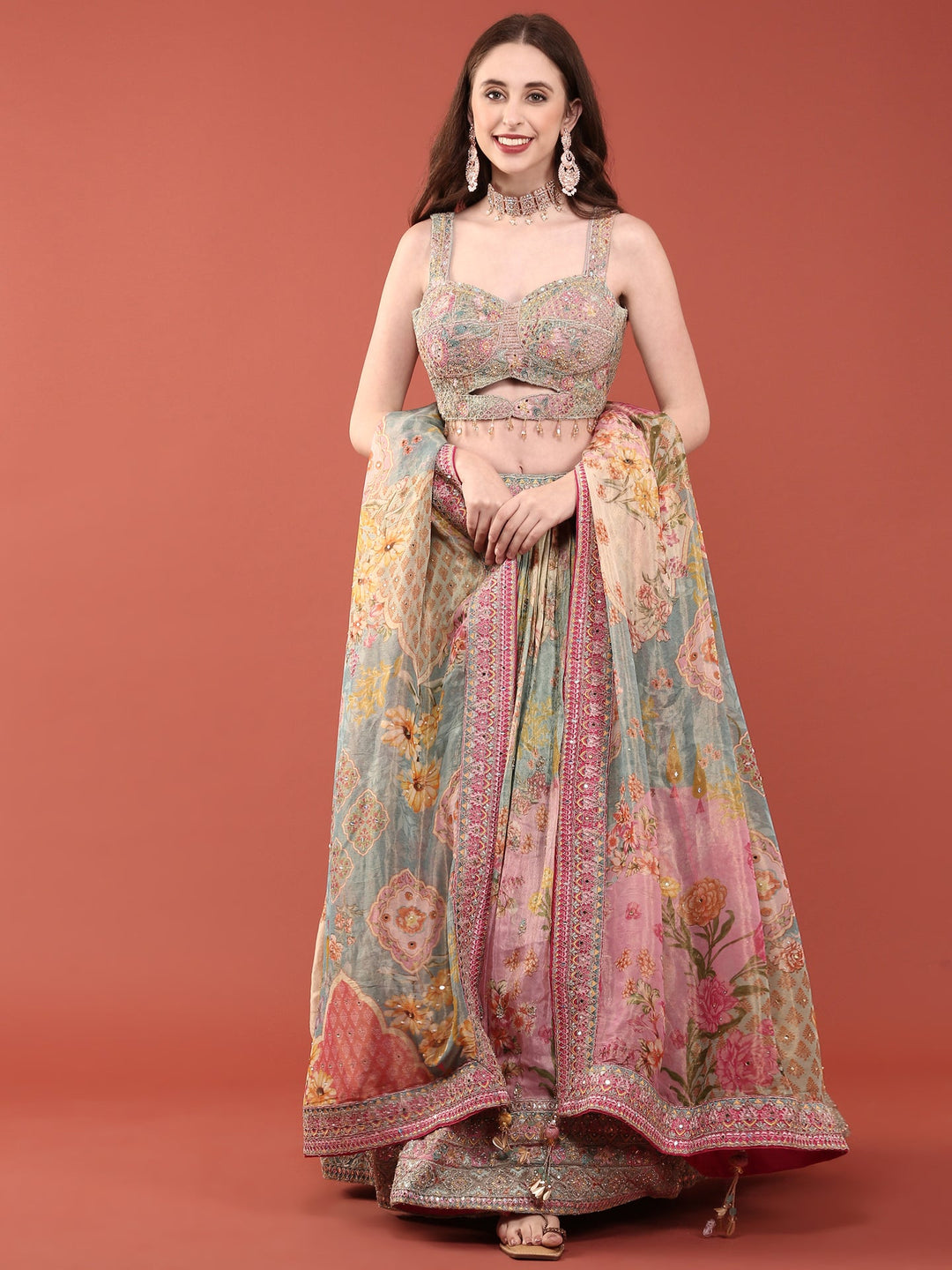 Neerus Blue crepe embroidered lehenga ghagra set - back view