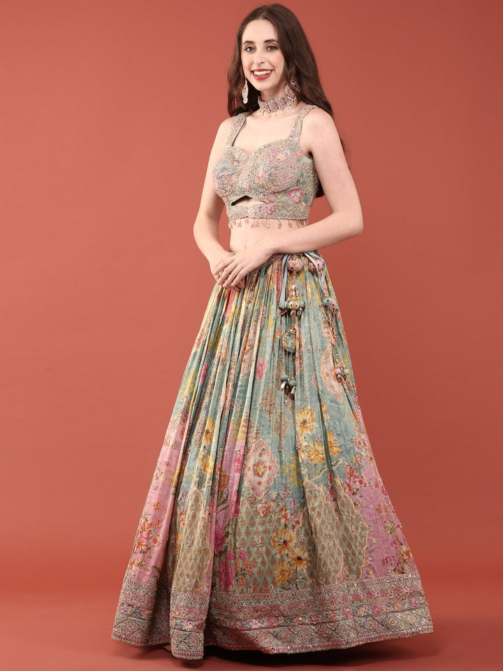 Ice Blue Crepe With Digital Print And Embroidered Ghagra Set