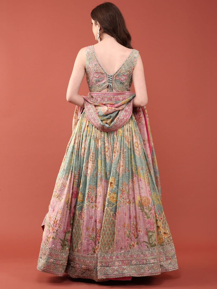 Ice Blue Crepe With Digital Print And Embroidered Ghagra Set