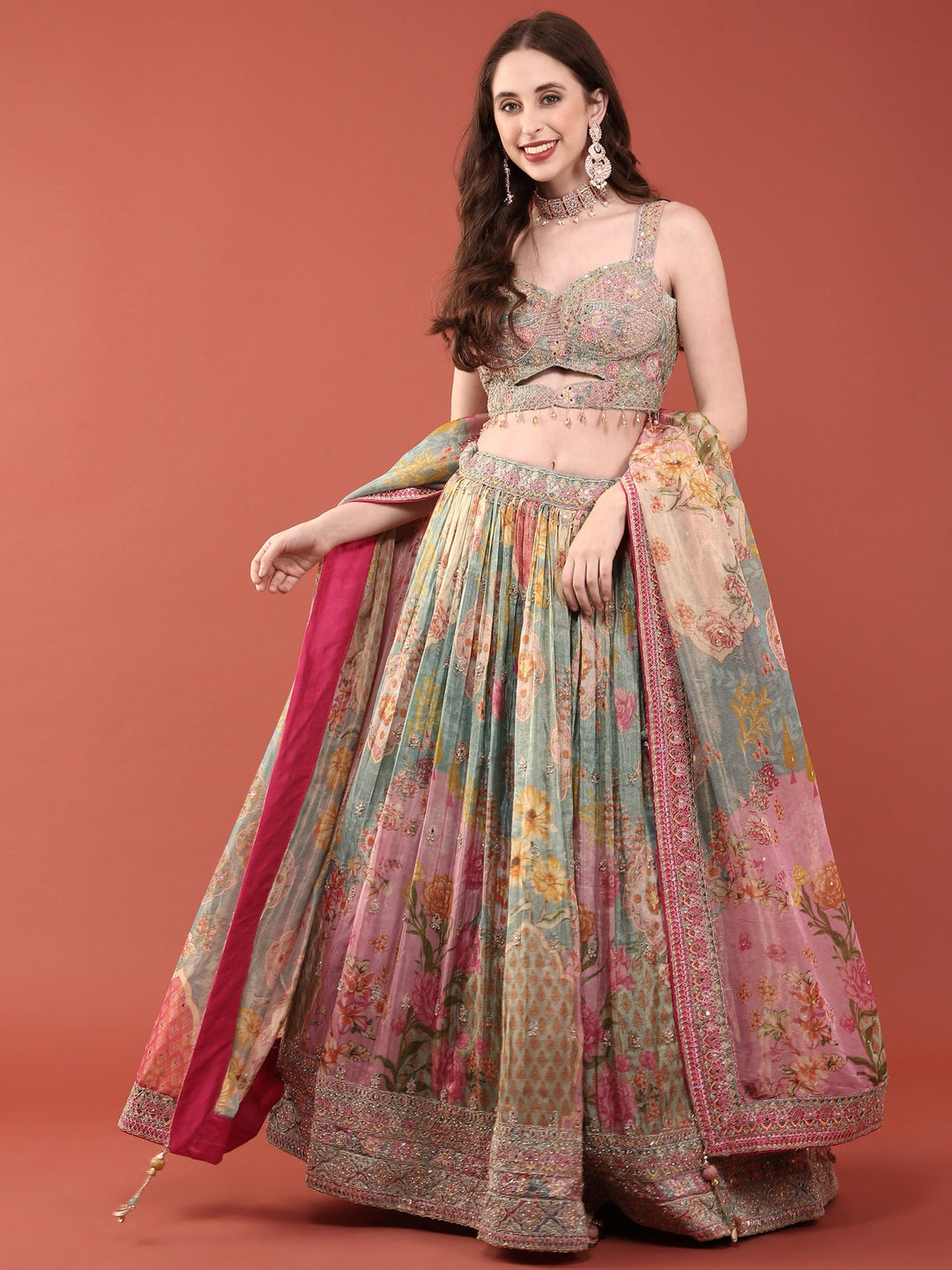 Neerus Blue crepe embroidered lehenga ghagra set - front view