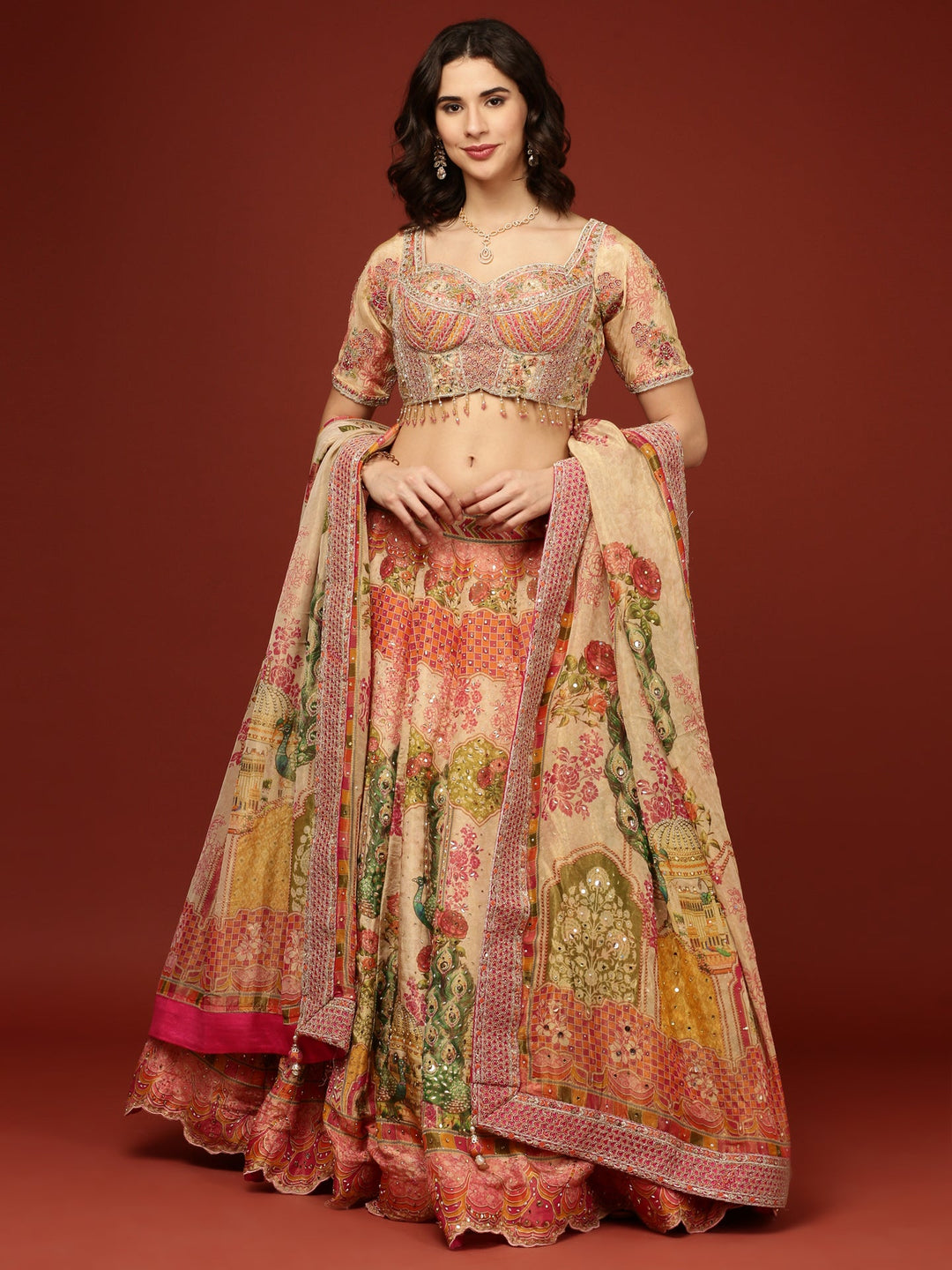 Neerus Beige tissue embroidered lehenga set - front view