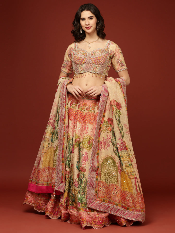 Neerus Beige tissue embroidered lehenga set - front view