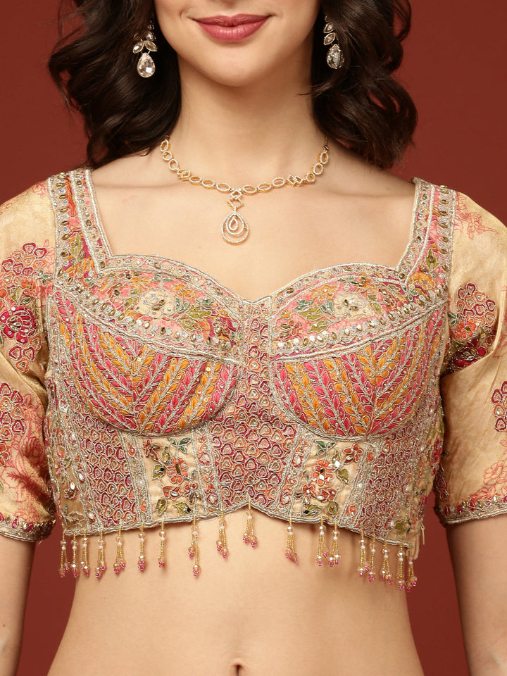 Neerus Beige tissue embroidered lehenga set - detail view 1