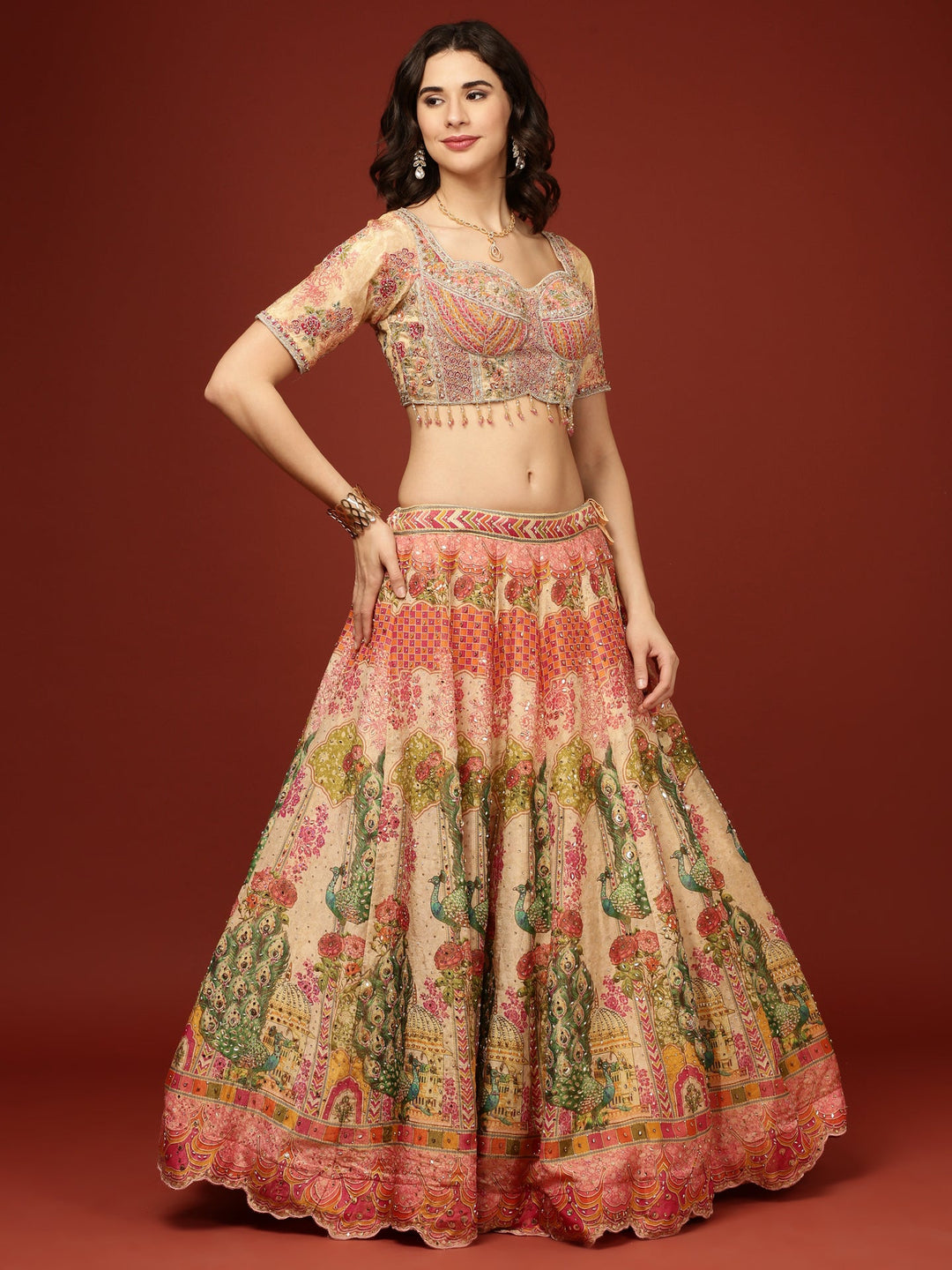 Neerus Beige tissue embroidered lehenga set - back view
