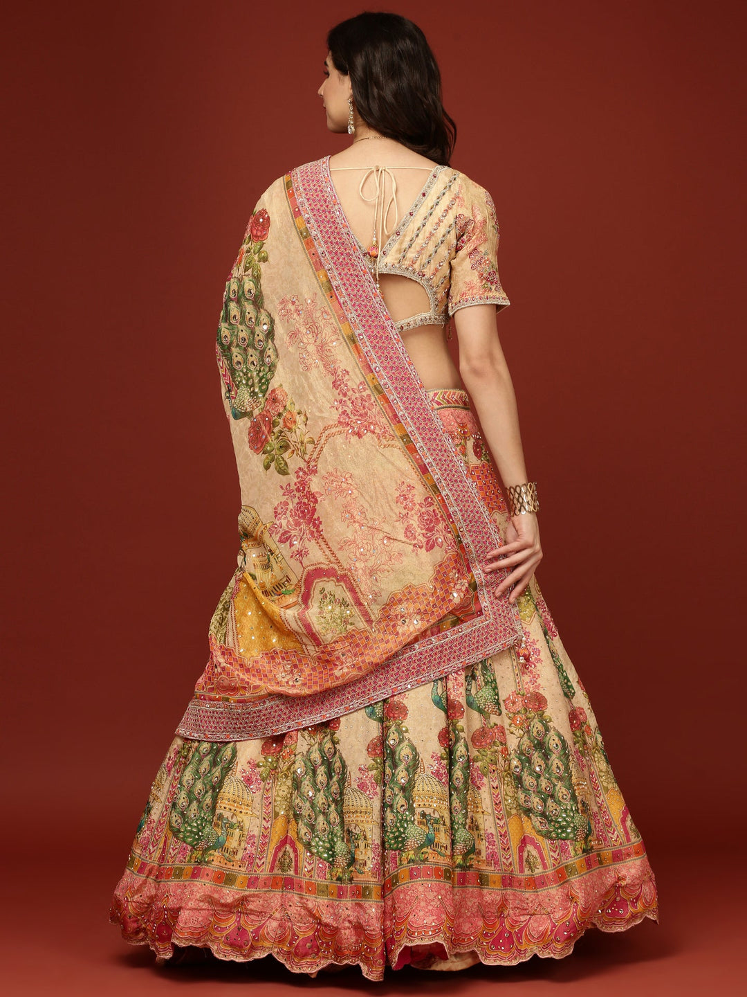 Neerus Beige tissue embroidered lehenga set - side view