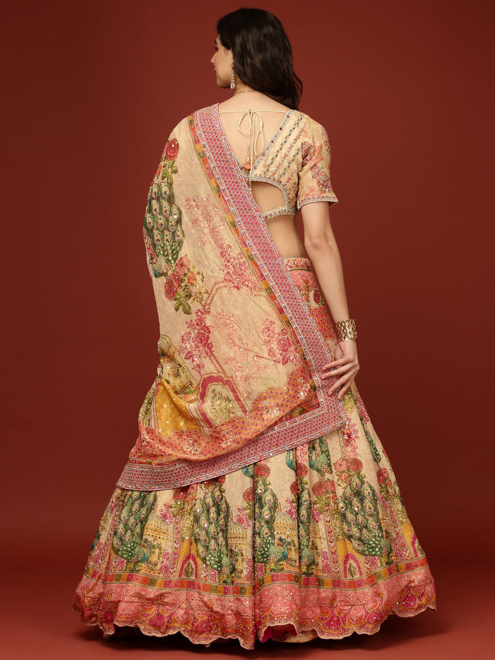 Neerus Beige tissue embroidered lehenga set - side view