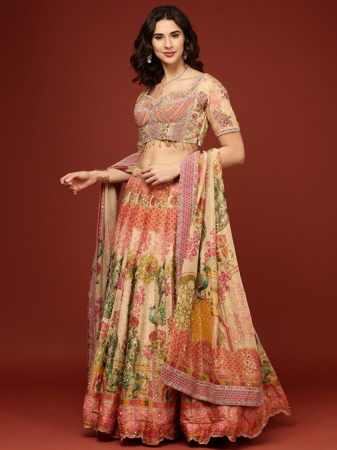 Neerus Beige tissue embroidered lehenga set - detail view 2