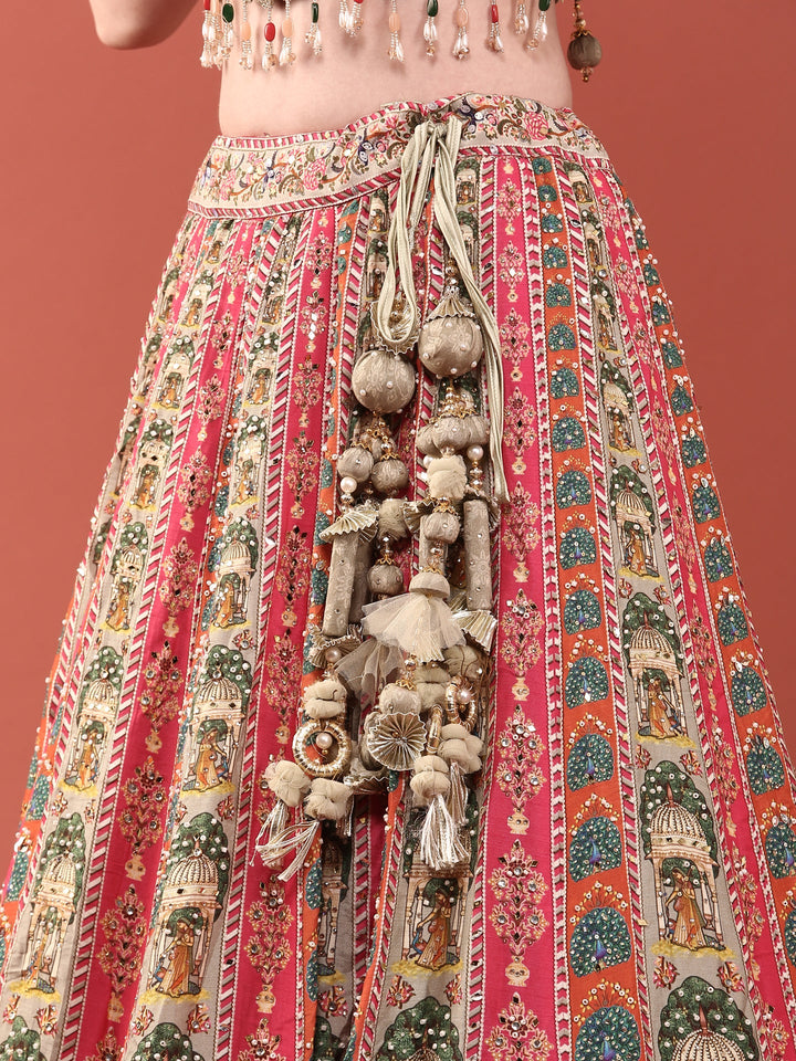 Green Crepe With Digital Print And Thread Work Ghagra Set