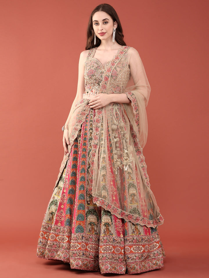 Green Crepe With Digital Print And Thread Work Ghagra Set