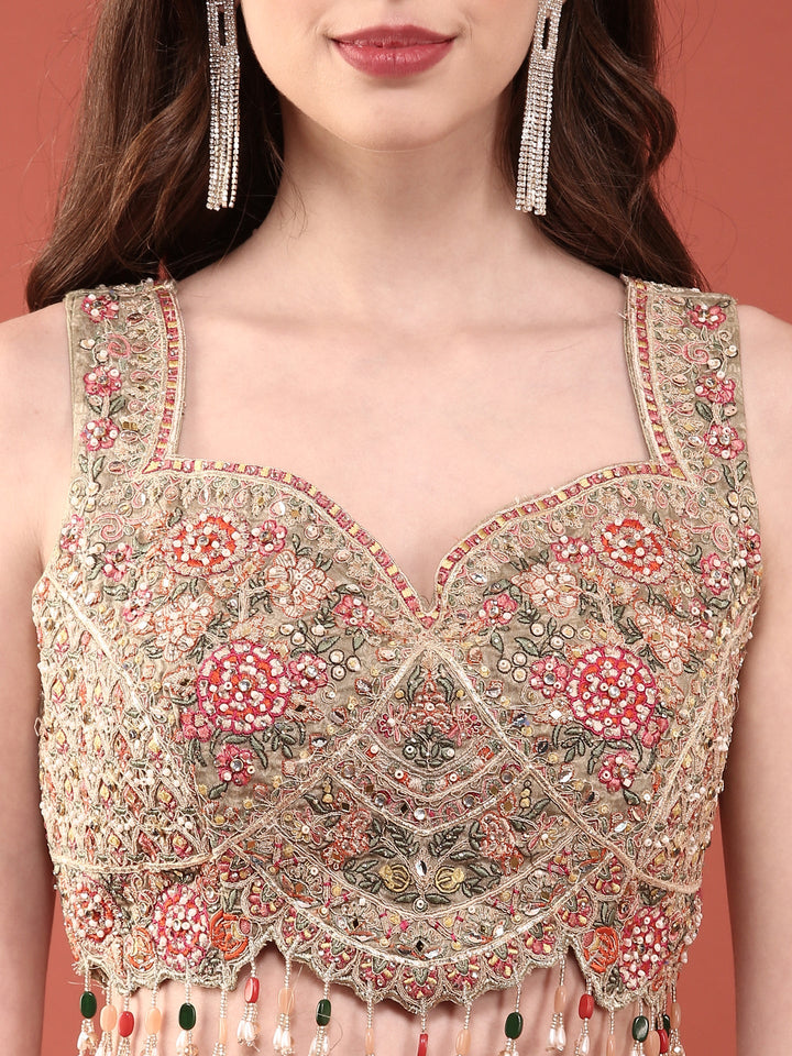 Green Crepe With Digital Print And Thread Work Ghagra Set