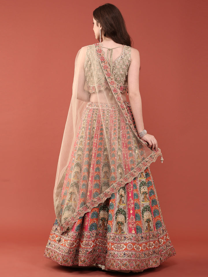 Green Crepe With Digital Print And Thread Work Ghagra Set