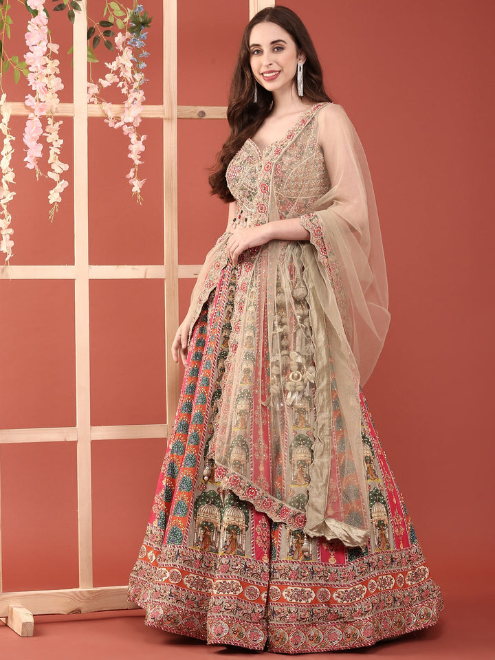 Green Crepe With Digital Print And Thread Work Ghagra Set