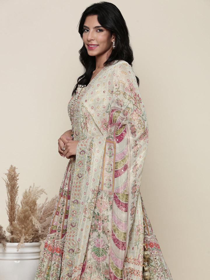 Neerus Green tissue embroidered lehenga set - detail view 3