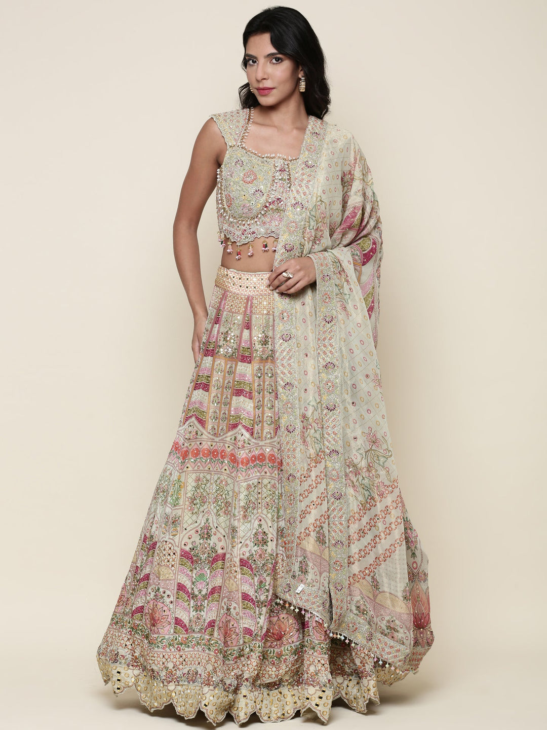 Neerus Green tissue embroidered lehenga set - detail view 2